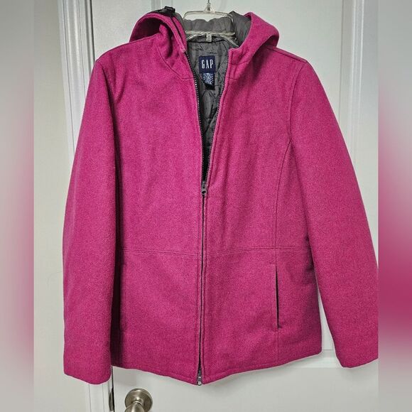 GAP Coat Women's Medium Pink Wool Blend Hooded Jacket Pockets Quilted Lining GUC - Picture 1 of 9